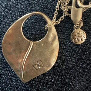 Silver Artisan Leaf Pendant Necklace  Engraved Bee Maker's Mark  Nature Inspired